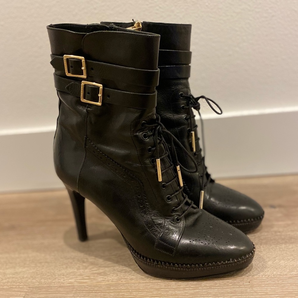 Burberry Leather Lasercut Accents Lace-up Black Boots